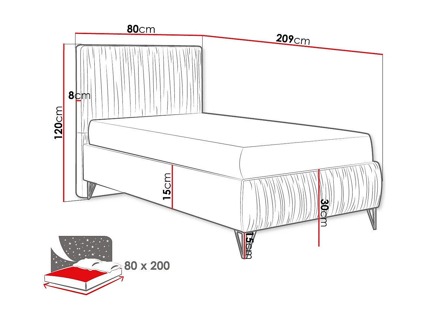 Cama continental Logan 112, Individuales, Gris, 80x200, Tapiz, Somieres, 80x209x120cm
