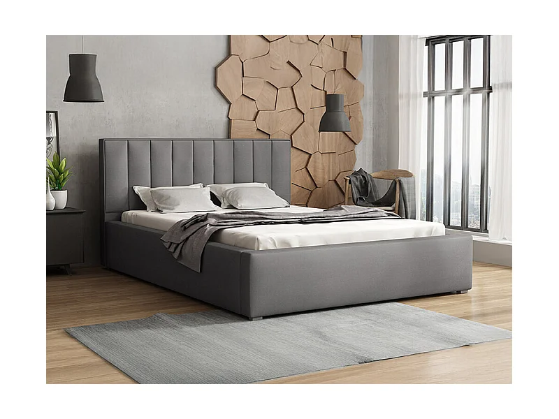 Lit Pomona 111, Double, Gris, 140x200, Tapisserie, Sommier à lattes, 160x223x93cm