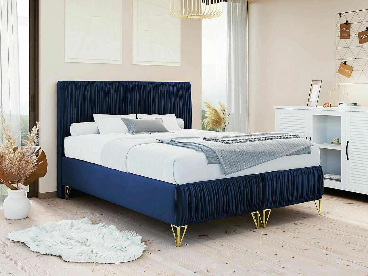 Cama Logan 112, Doble, Azul, 180x200, Tapiz, Somieres, 180x209x120cm