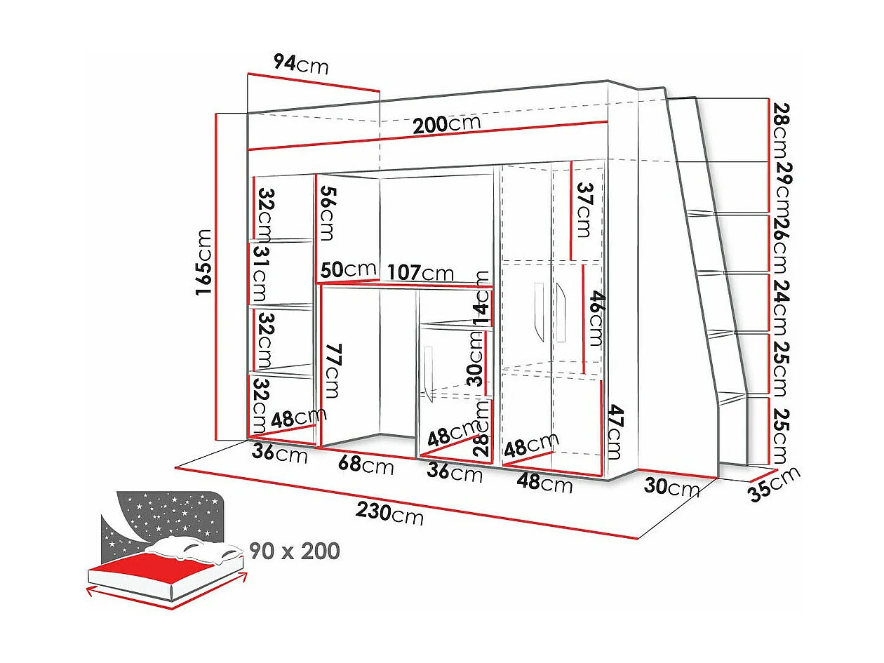 Lit haut Hartford 355, Unique, Blanc, 90x200, Stratifié, Sommier à lattes, 94x230x165cm