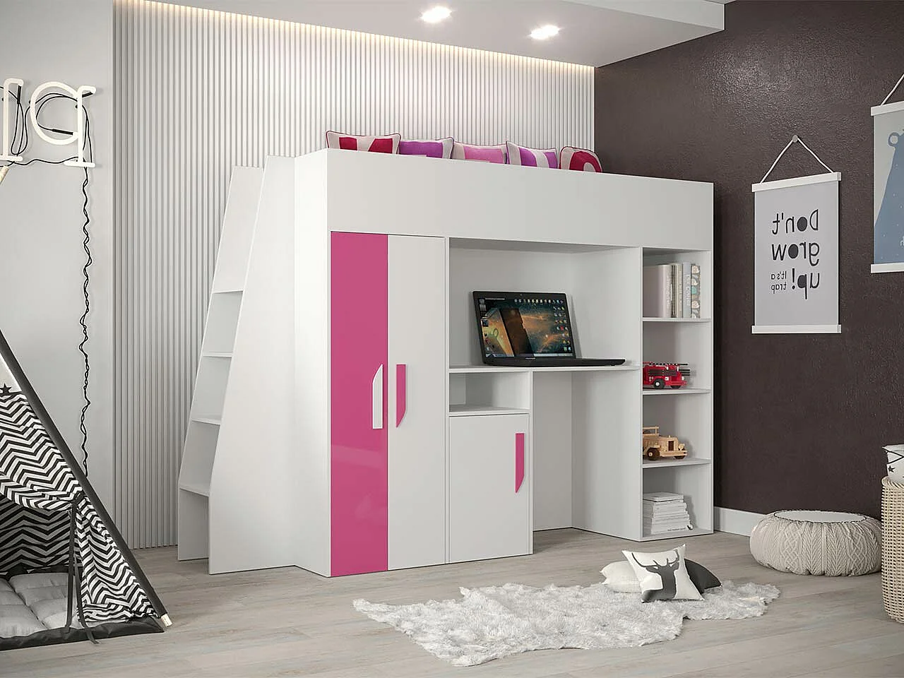 Cama alta Hartford 355, Individual, Branco, Estrados de cama