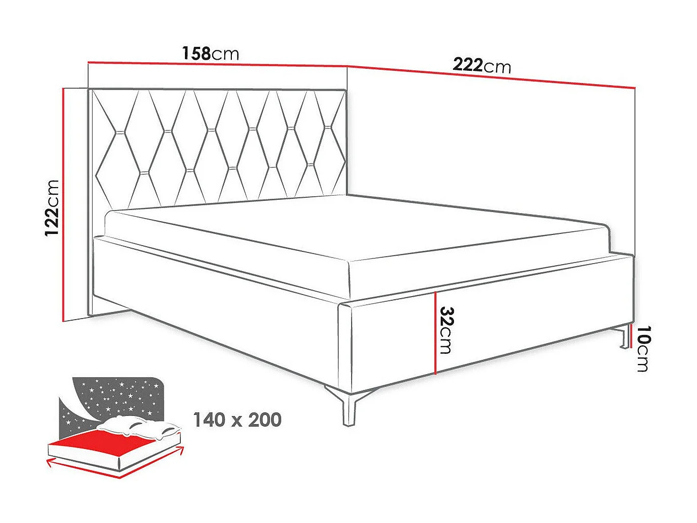 Cama Baltimore 192, Doble, Rosa, 140x200, Tapiz, Somieres, 158x222x122cm