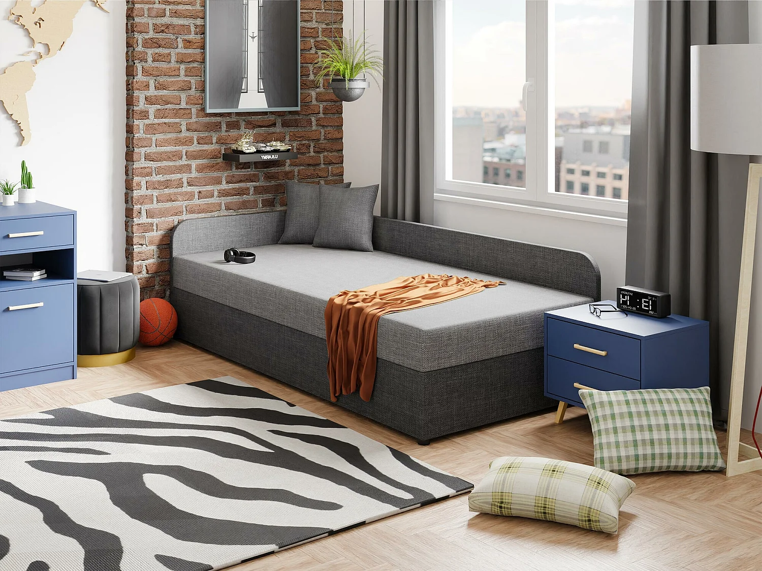 Cama Memphis 128, Solteiro, Cinzento, Tecido, Estrados de cama