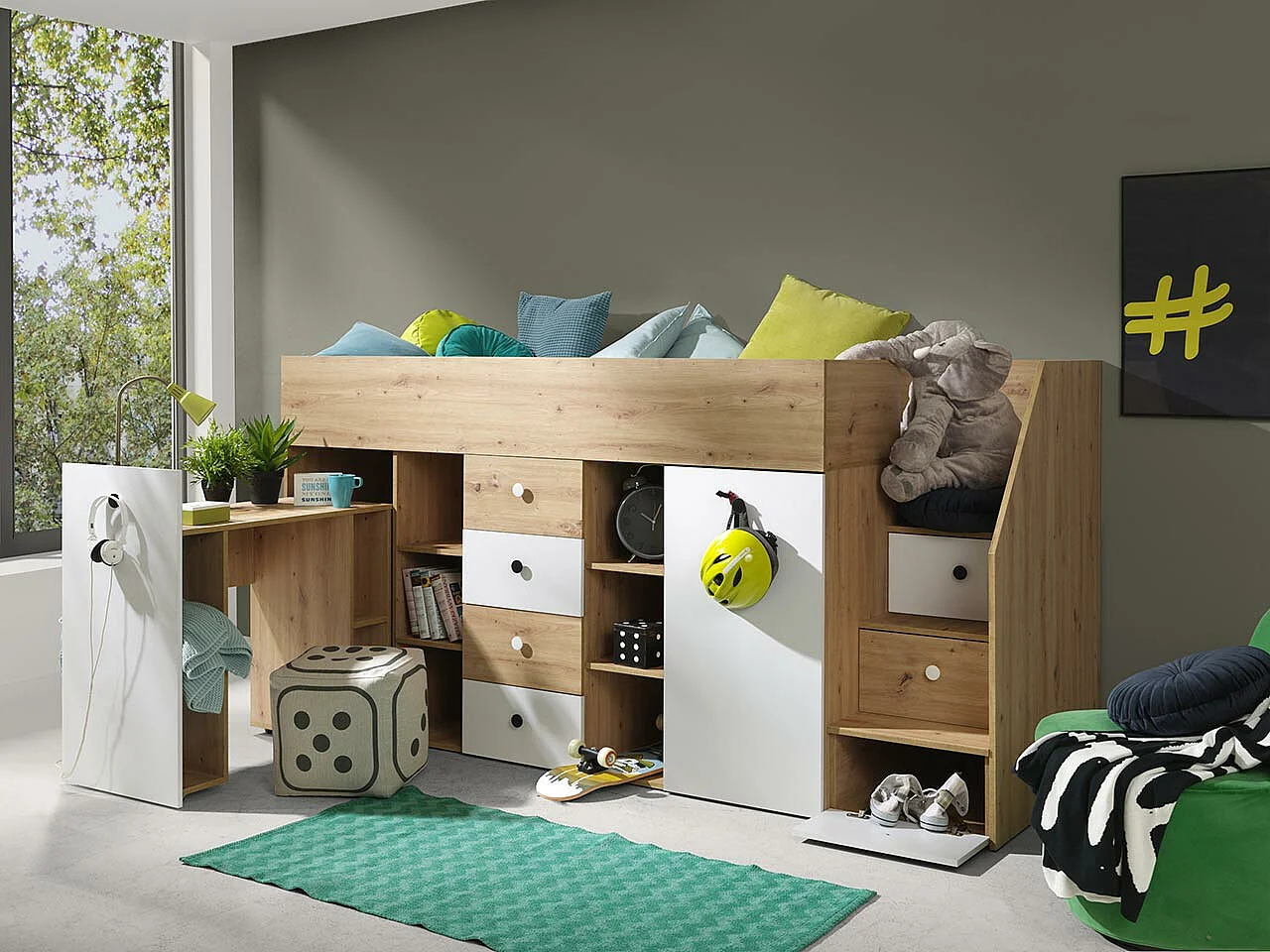 Lit haut Hartford 361, Unique, Brun clair, 90x200, Stratifié, Sommier à lattes, 94x249cm