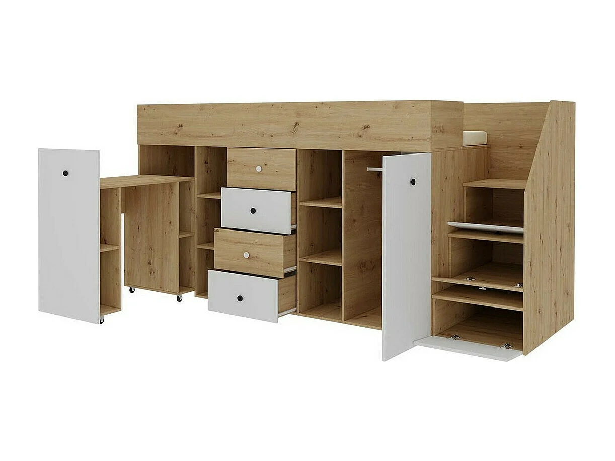 Lit haut Hartford 361, Unique, Brun clair, 90x200, Stratifié, Sommier à lattes, 94x249cm