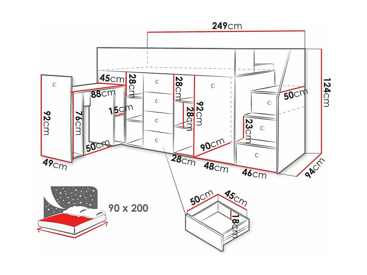 Lit haut Hartford 361, Unique, Brun clair, 90x200, Stratifié, Sommier à lattes, 94x249cm