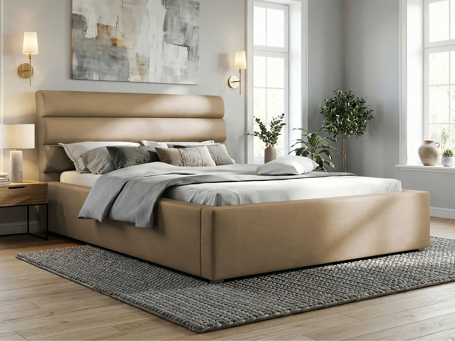 Lit Pomona 110, Double, Brun clair, 200x200, Tissu, Disponible, 220x223x100cm
