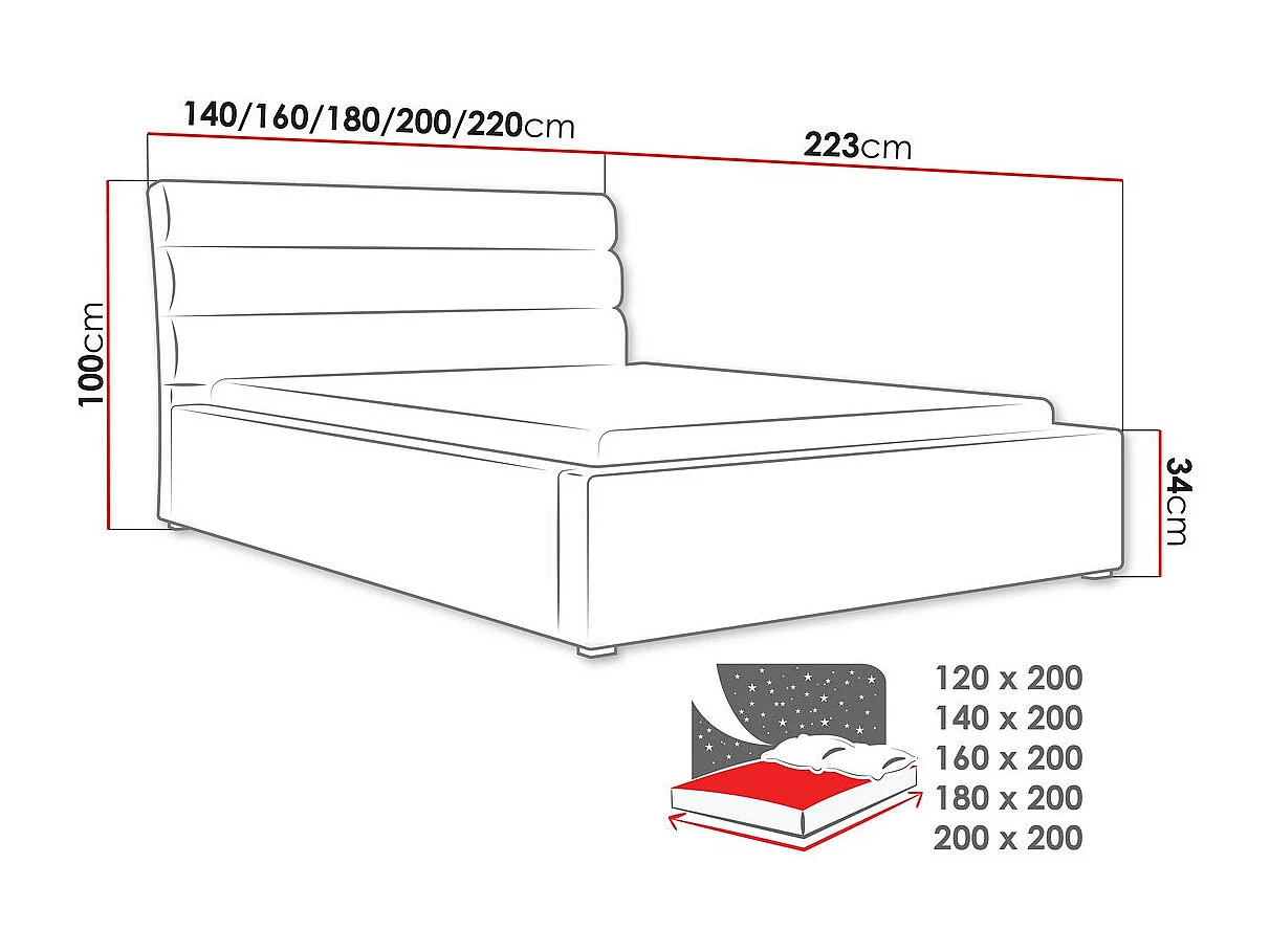 Lit Pomona 110, Double, Brun clair, 200x200, Tissu, Disponible, 220x223x100cm