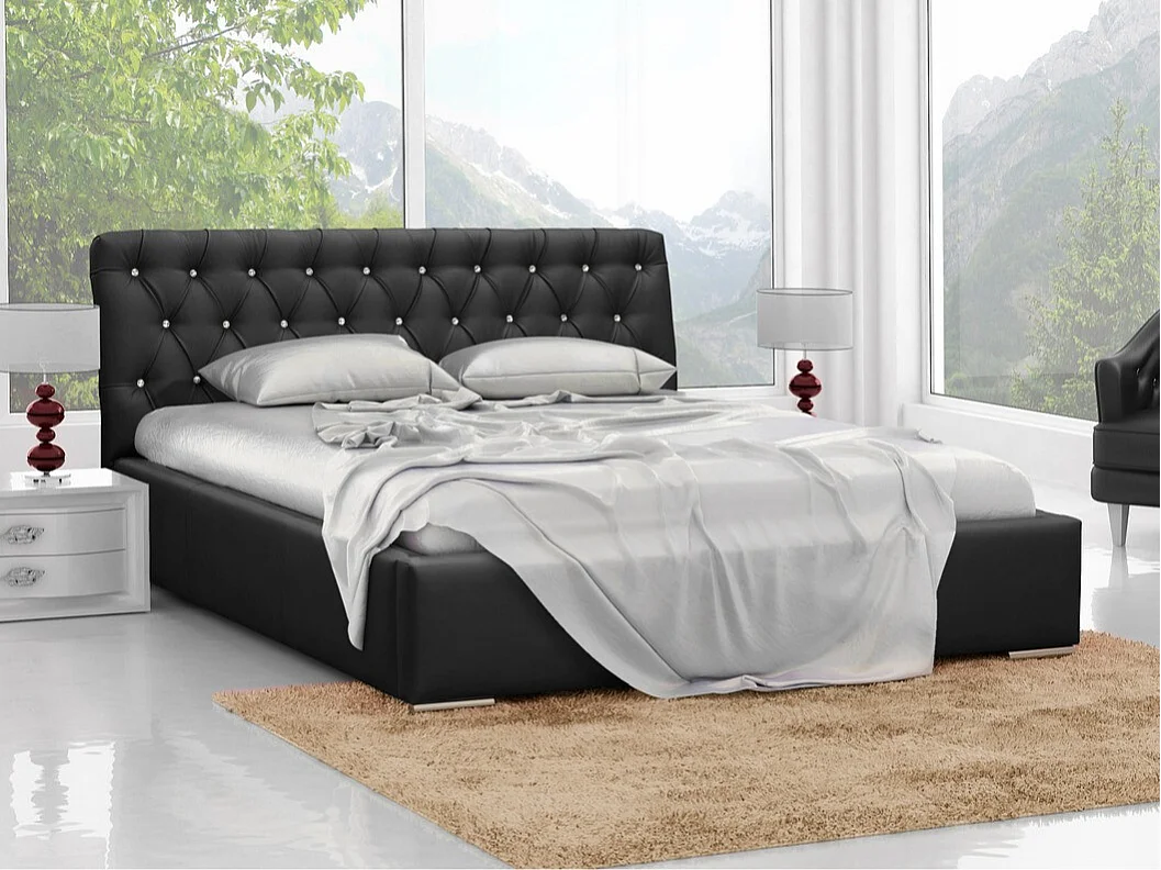 Cama Baltimore 102, Casal, Preto, Eco couro, Estrados de cama