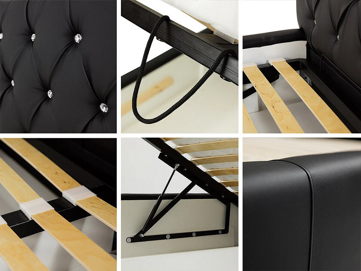 Cama Baltimore 102, Doble, Negro, 180x200, Cuero ecológico, Somieres, 200x227x100cm