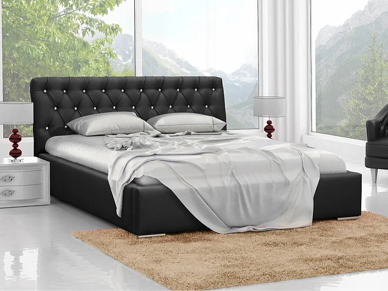 Cama Baltimore 102, Doble, Negro, 180x200, Cuero ecológico, Somieres, 200x227x100cm