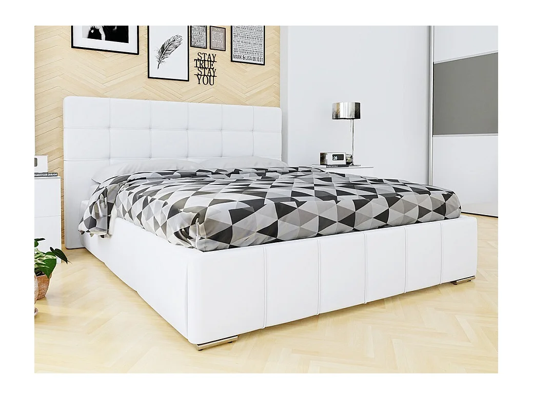 Cama Florence 101, Casal, Branco, Eco couro, Estrados de cama
