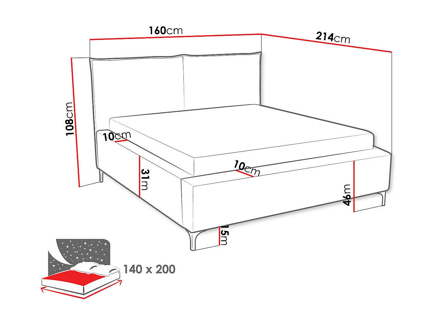 Cama Clovis 113, Doble, Gris, 140x200, Tapiz, Somieres, 160x214x108cm