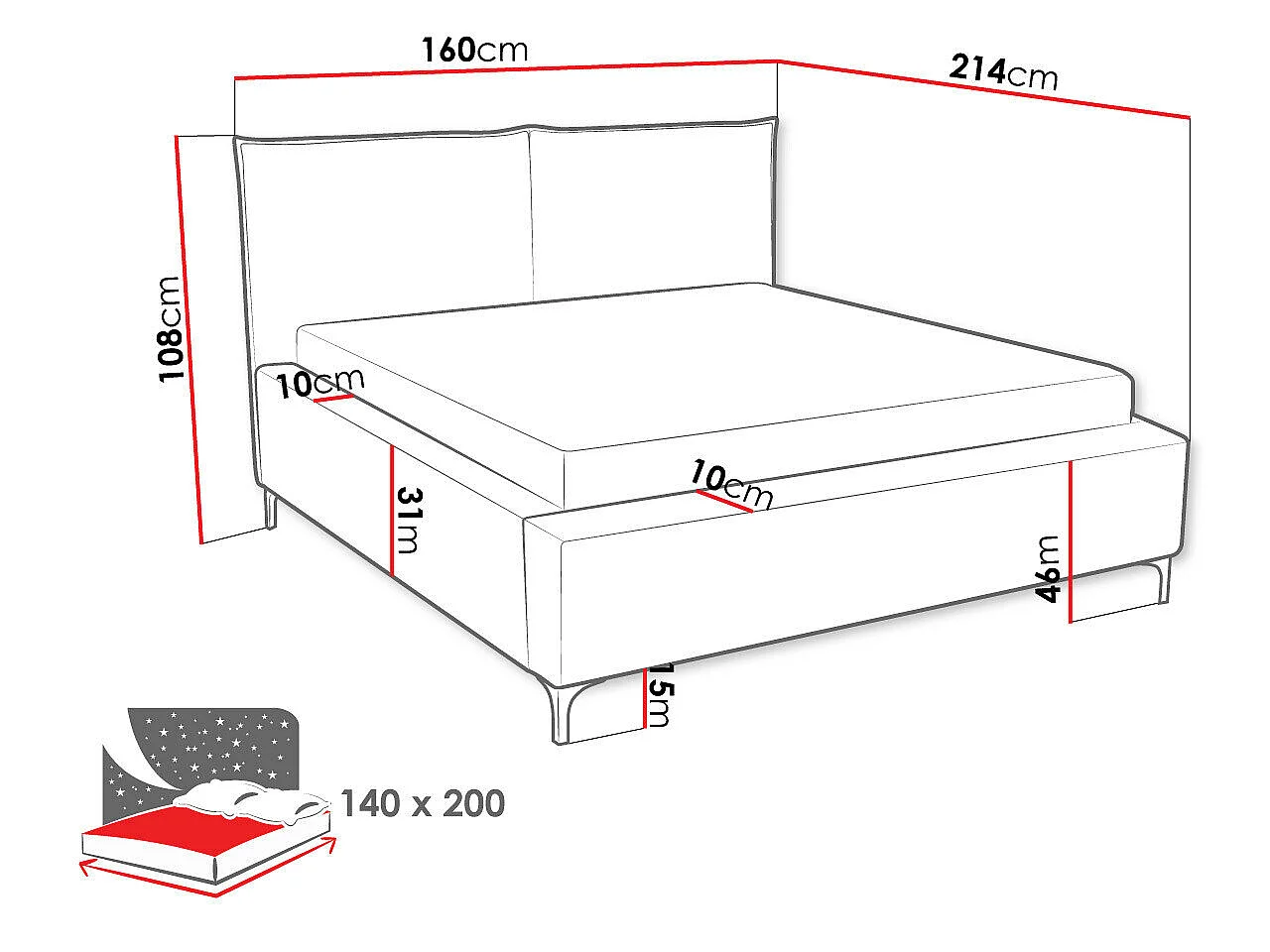 Lit Clovis 113, Double, Gris foncé, Tissu, Disponible, 16x21x11cm