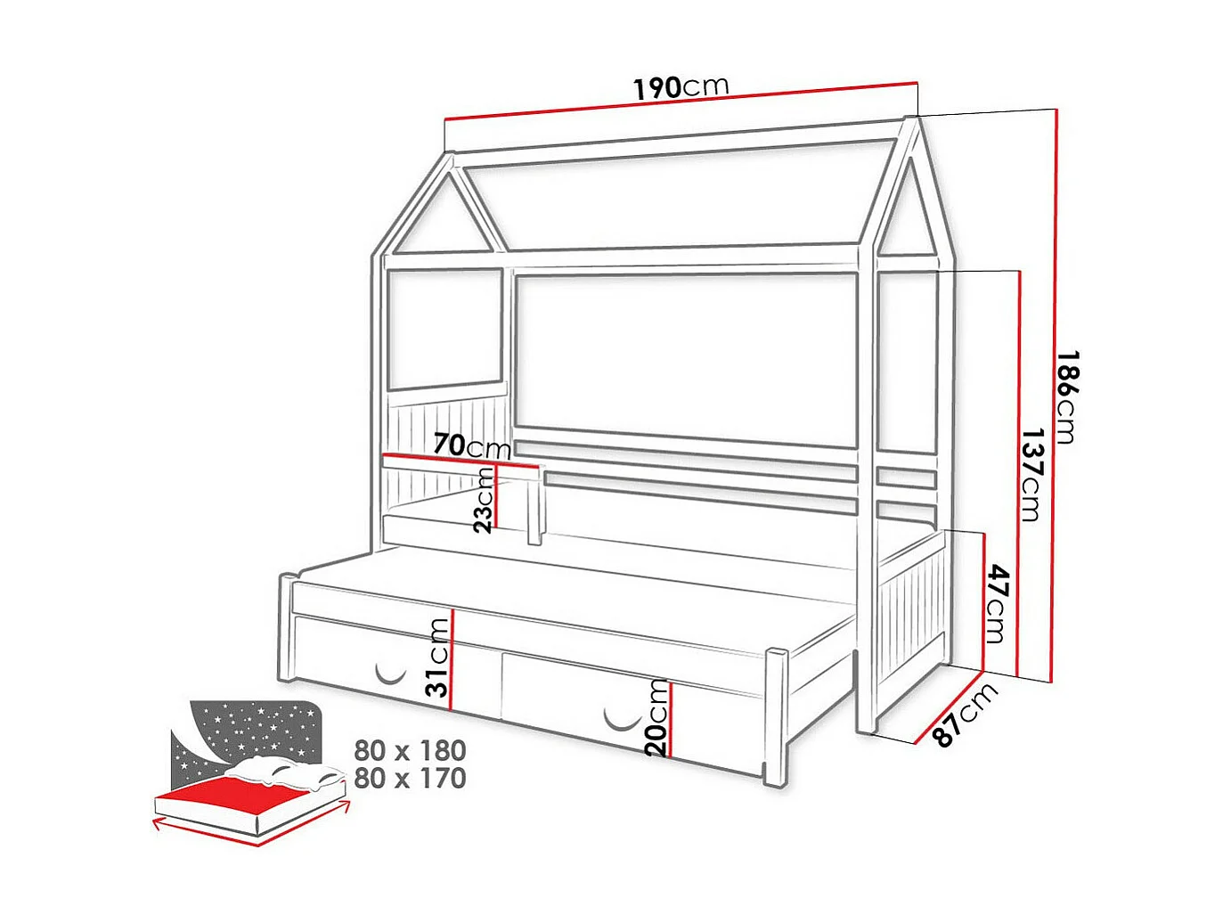 Lit Henderson 131, Simple avec un lit gigogne supplémentaire, Blanc, 80x170|80x180, Bois