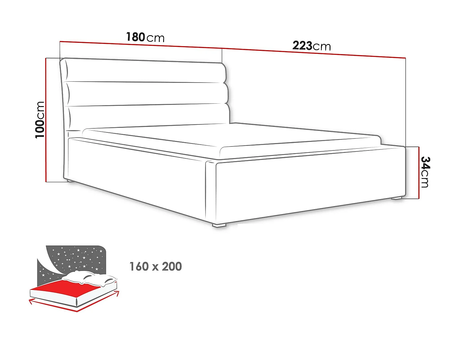 Lit Pomona 108, Double, Gris, 160x200, Tissu, Disponible, 180x223x100cm