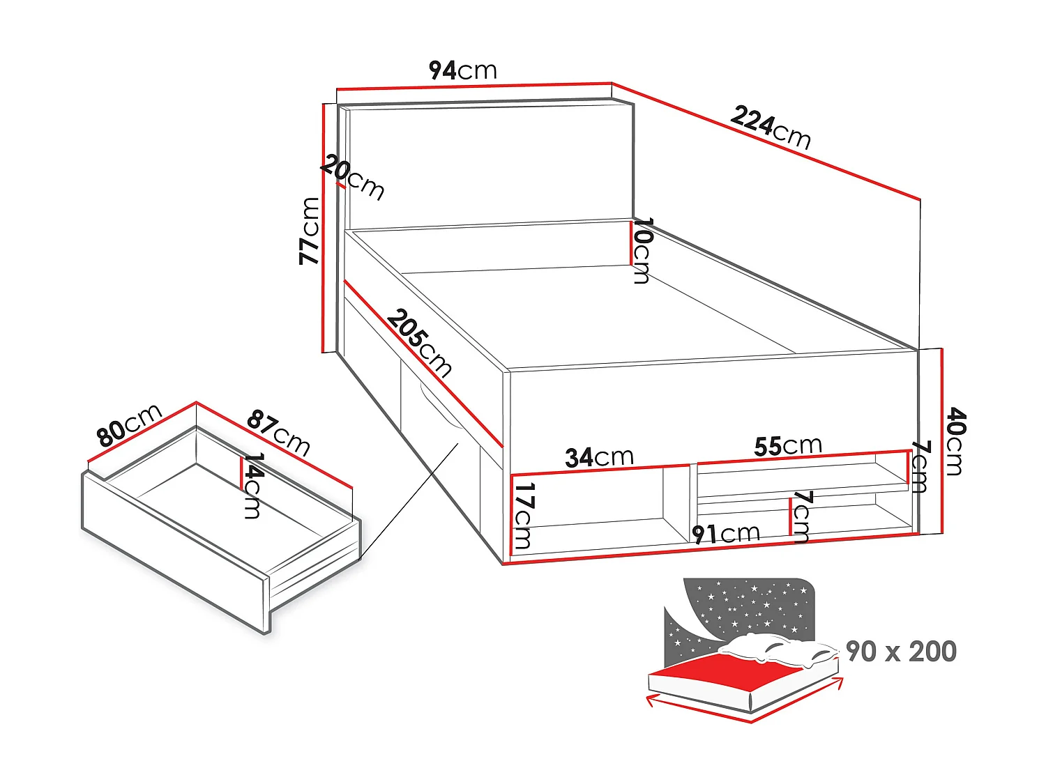 Lit Camteso 112, Unique, Noir, 90x200, Stratifié, Disponible, 94x224x77cm