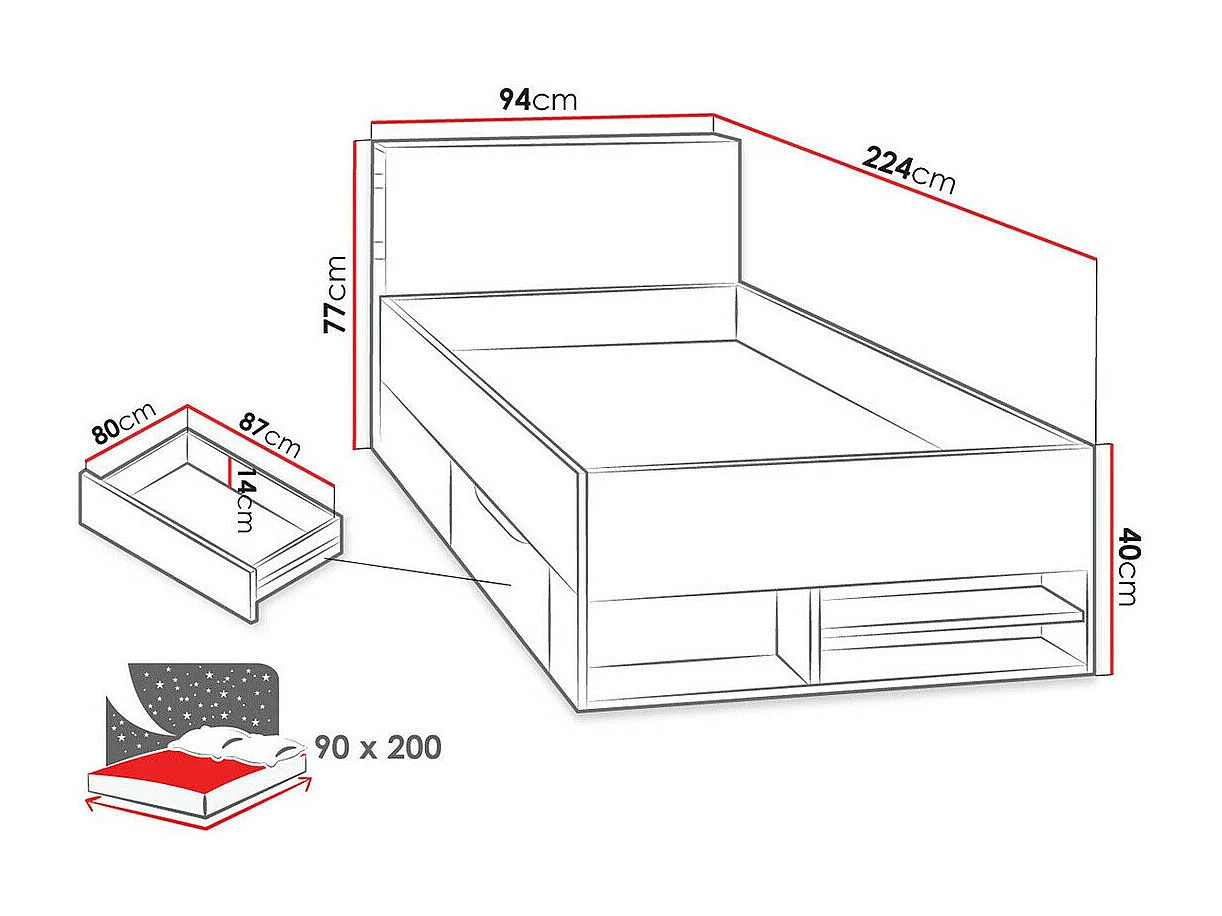 Lit Camteso 112, Unique, Noir, 90x200, Stratifié, Disponible, 94x224x77cm