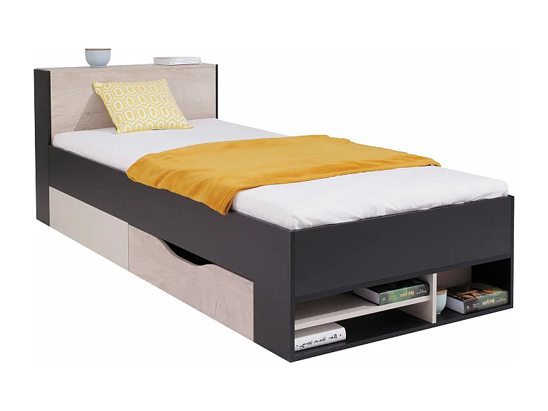 Lit Camteso 112, Unique, Noir, 90x200, Stratifié, Disponible, 94x224x77cm