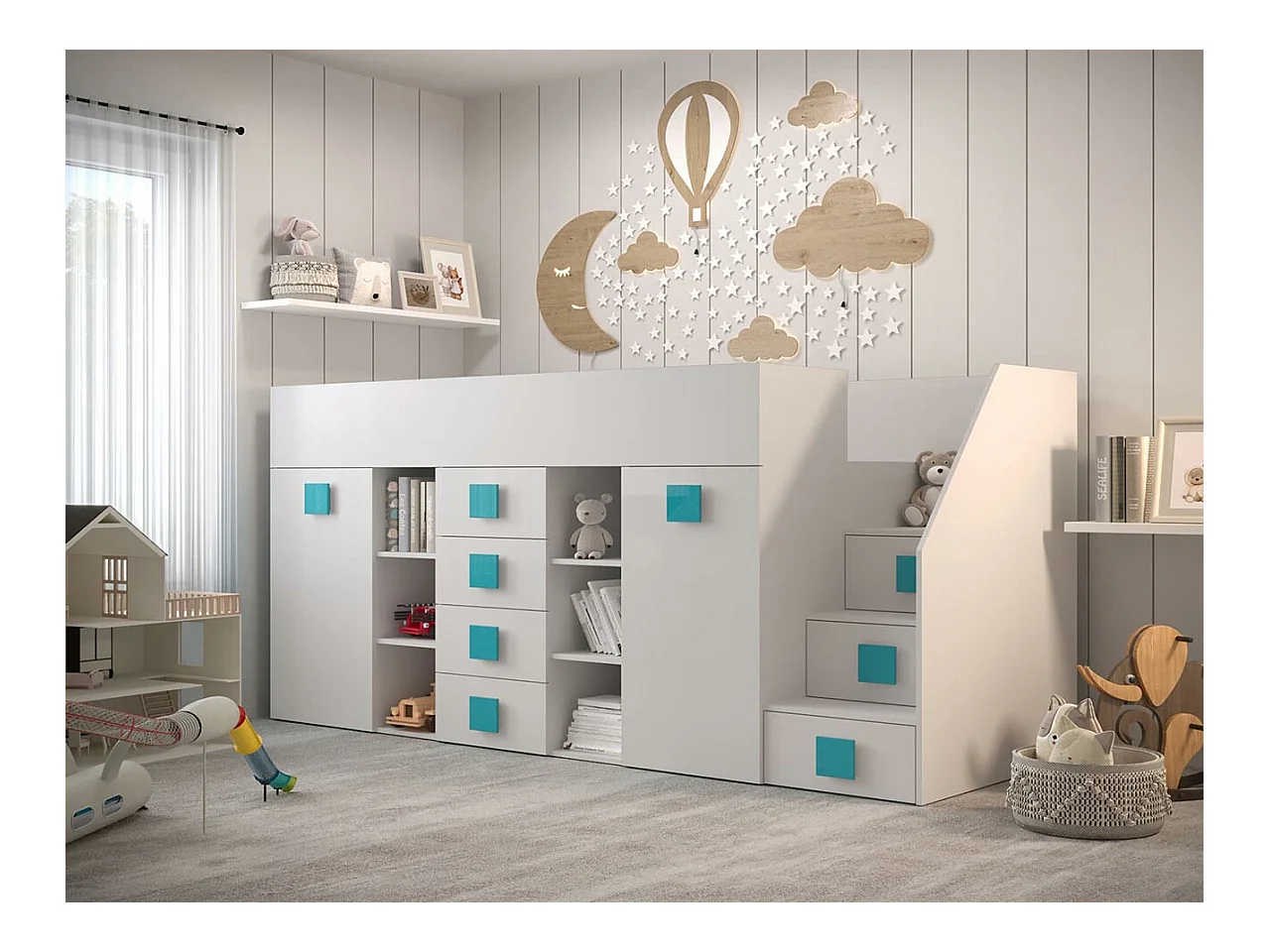 Lit haut Hartford 366, Unique, Blanc, 90x200, Stratifié, Sommier à lattes, 94x249x124cm