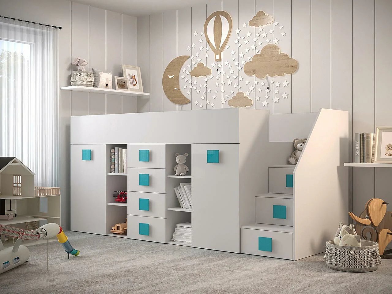 Letto alto Hartford 366, Singolo, Bianco, 90x200, Truciolare laminato, Reti a doghe, 94cm