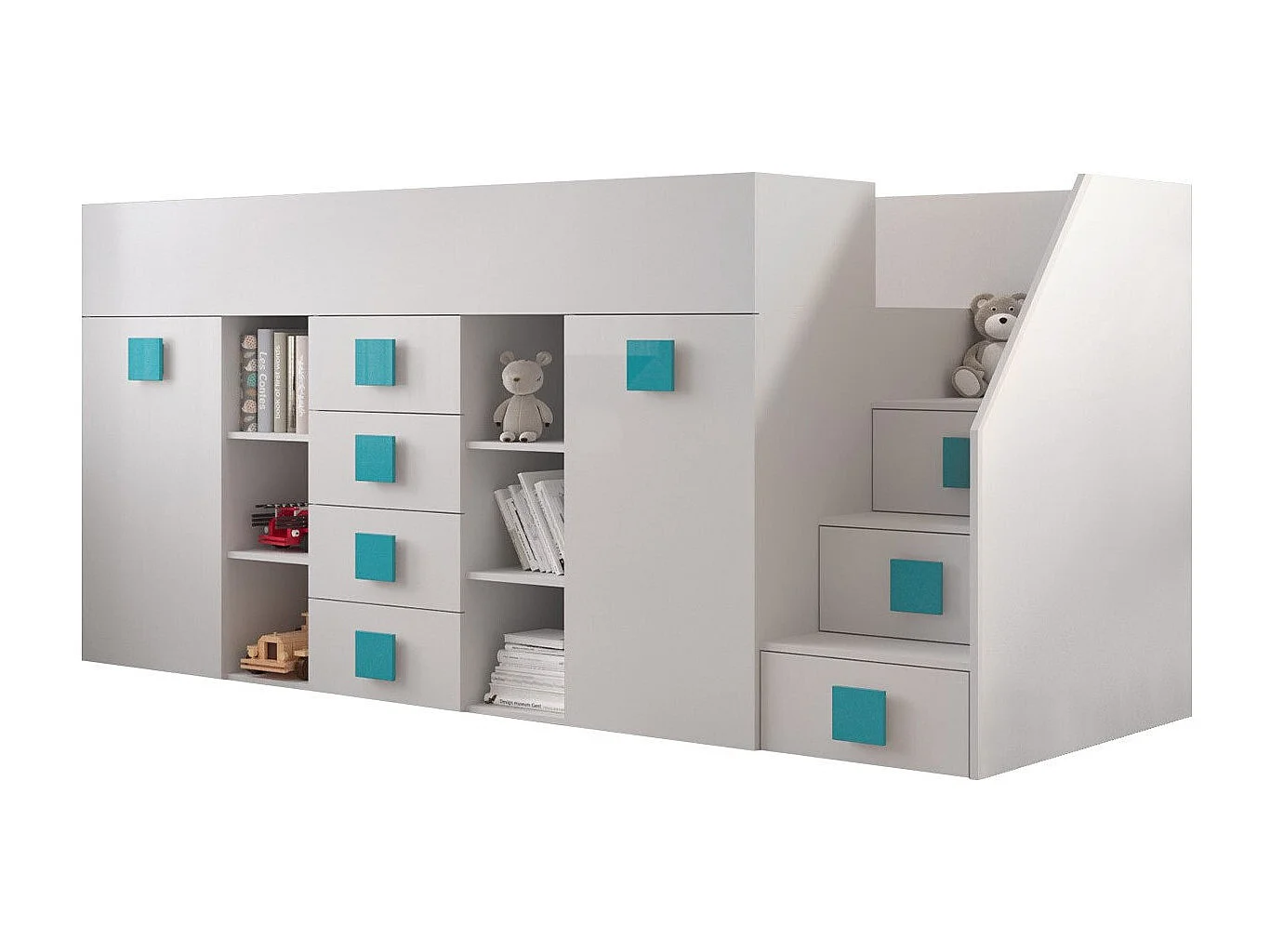 Letto alto Hartford 366, Singolo, Bianco, 90x200, Truciolare laminato, Reti a doghe, 94cm