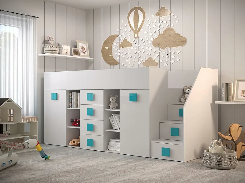 Letto alto Hartford 366, Singolo, Bianco, 90x200, Truciolare laminato, Reti a doghe, 94cm