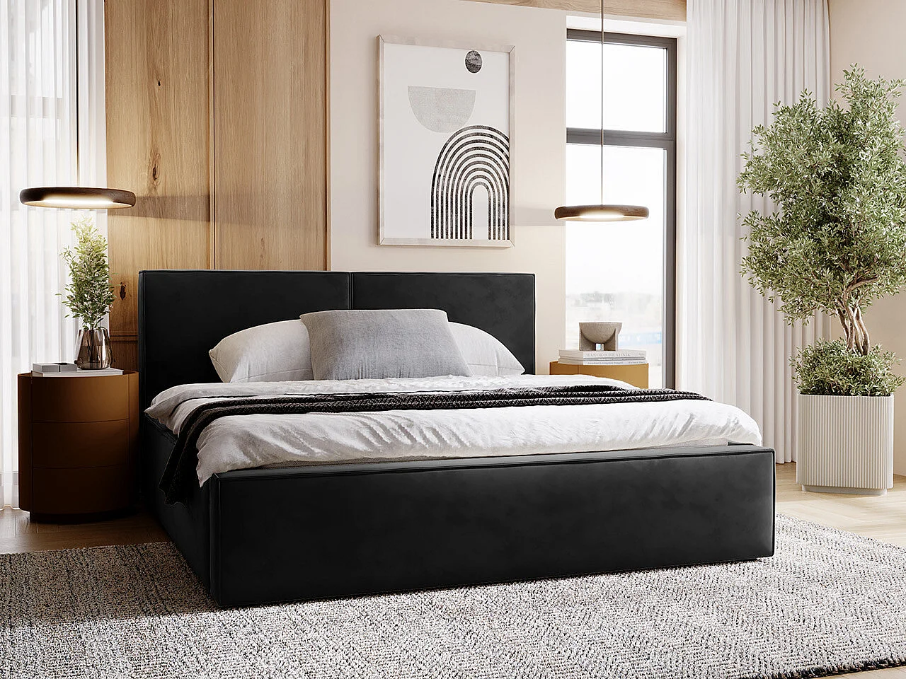 Cama TrendyNest 117, Doble, Negro, 160x200, Tapiz, Somieres, 180x223x98cm