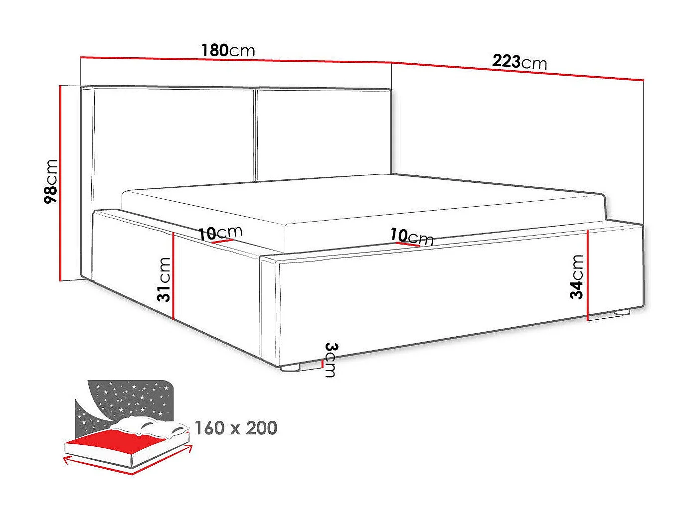 Cama TrendyNest 117, Doble, Negro, 160x200, Tapiz, Somieres, 180x223x98cm