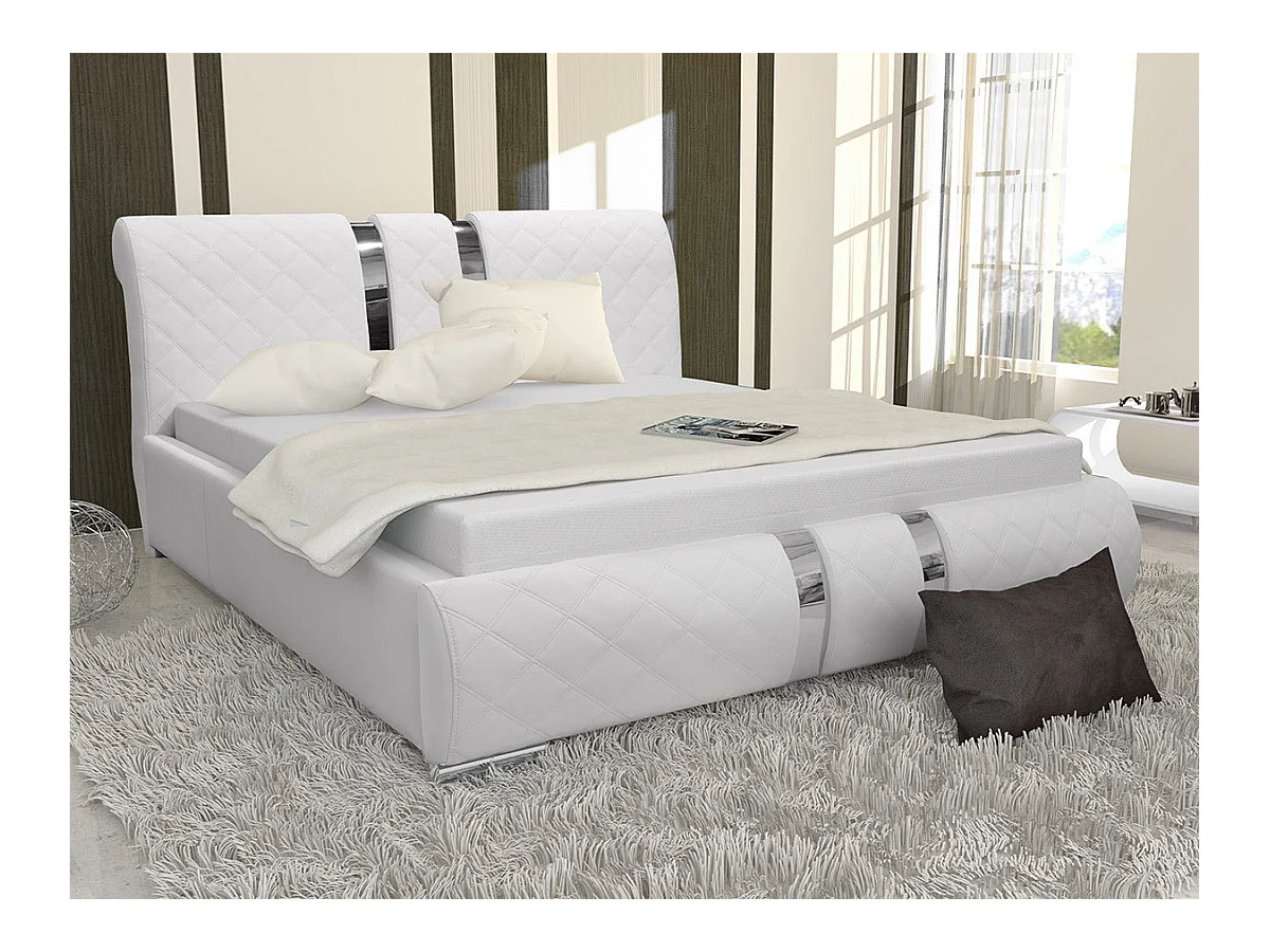 Cama Baltimore 103, Casal, Branco, Eco couro, Estrados de cama