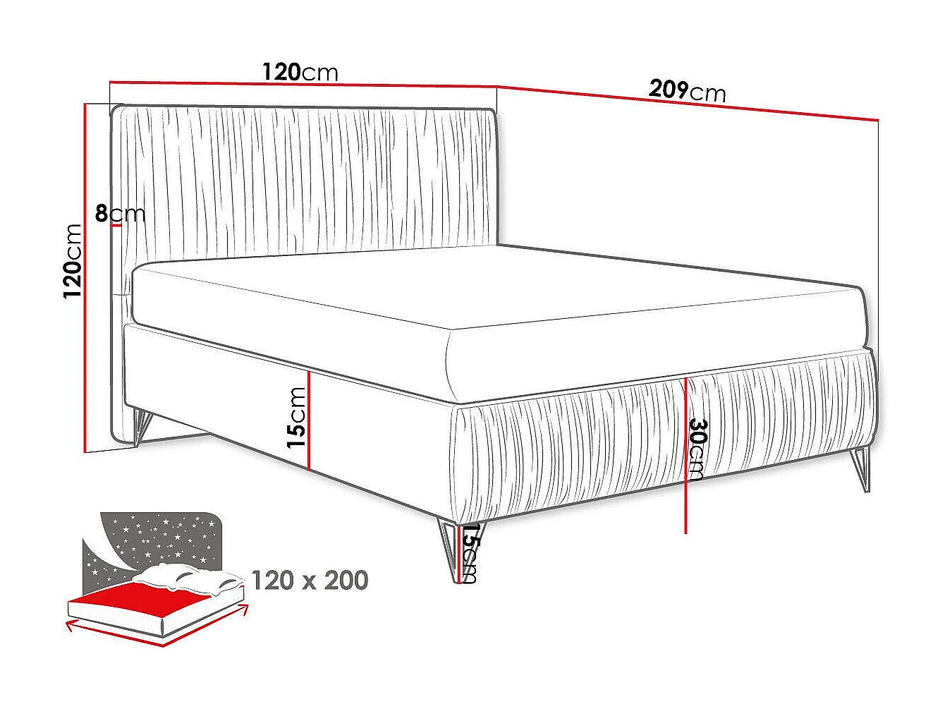 Letto continentale Logan 112, Singolo, Nocciola, 120x200, Arazzo, Con, 120x209x120cm