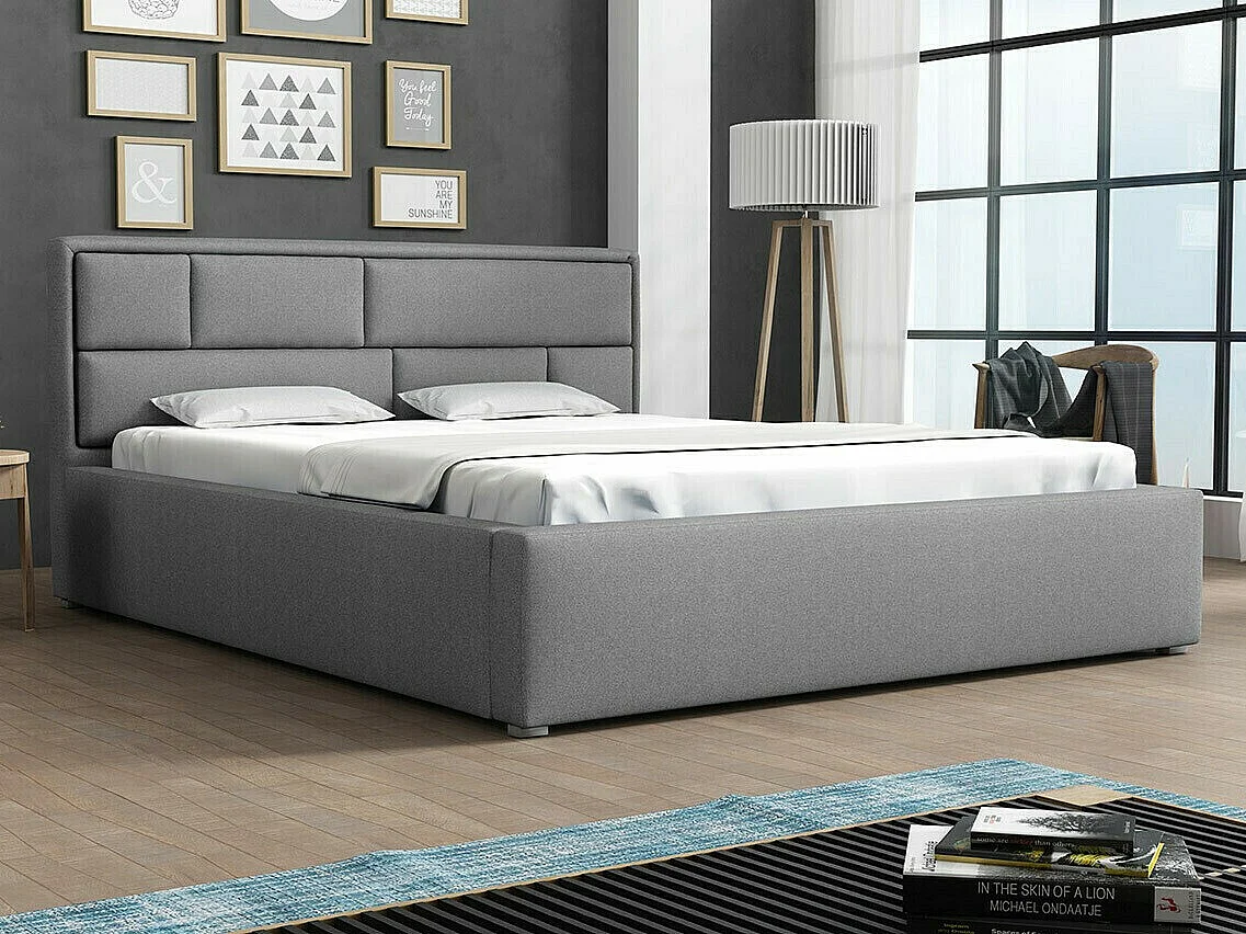 Lit Pomona 104, Double, Gris, 180x200, Tapisserie, Sommier à lattes, 200x223x93cm