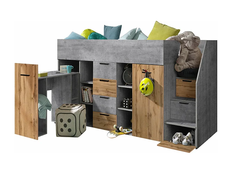 Letto alto Hartford 364, Singolo, Grigio, 90x200, Truciolare laminato, Reti a doghe,