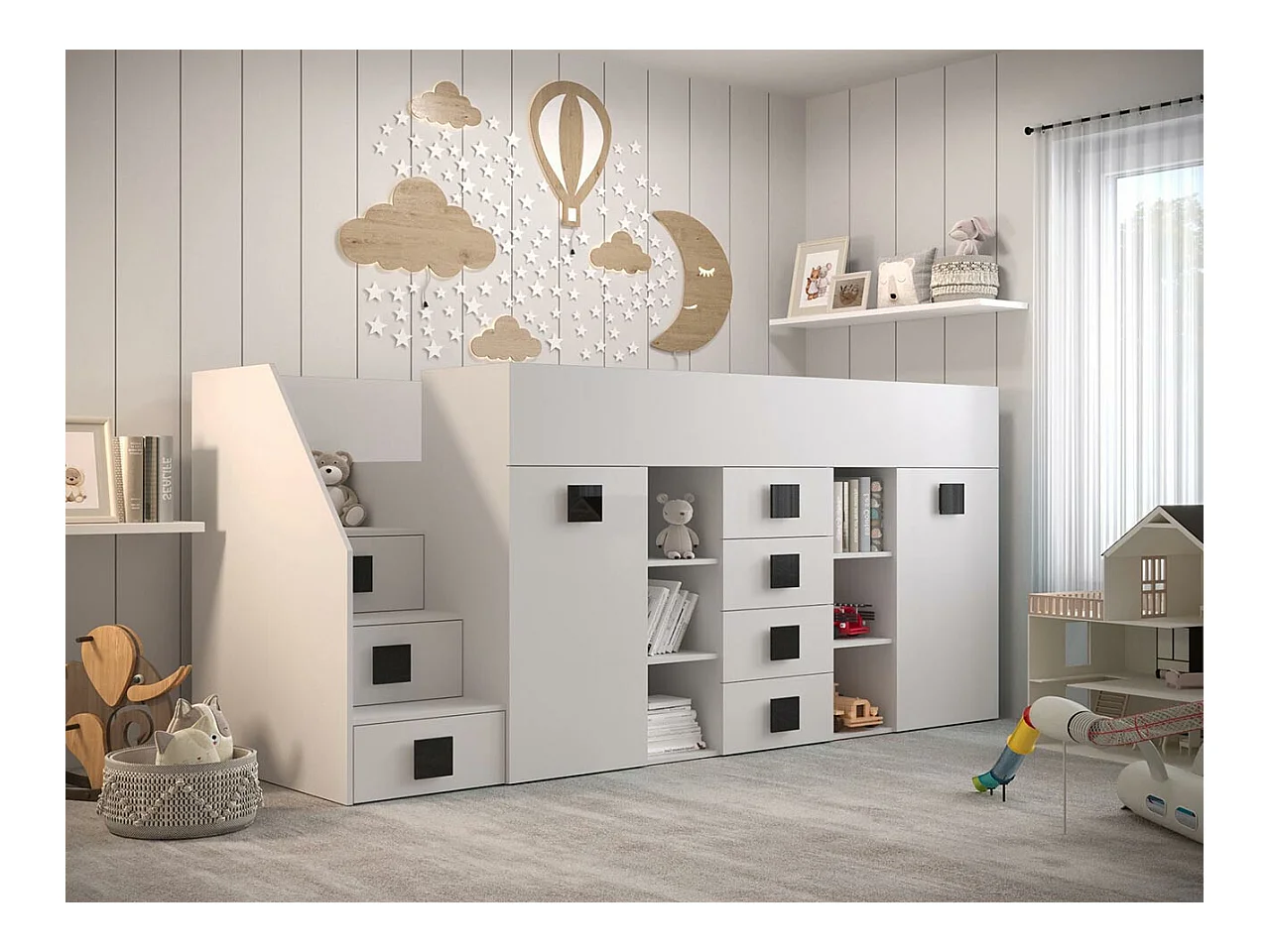 Letto alto Hartford 366, Singolo, Bianco, 90x200, Truciolare laminato, Reti a doghe, 94cm