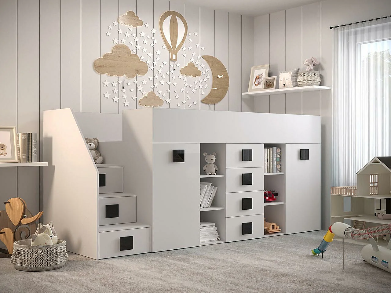 Letto alto Hartford 366, Singolo, Bianco, 90x200, Truciolare laminato, Reti a doghe, 94cm