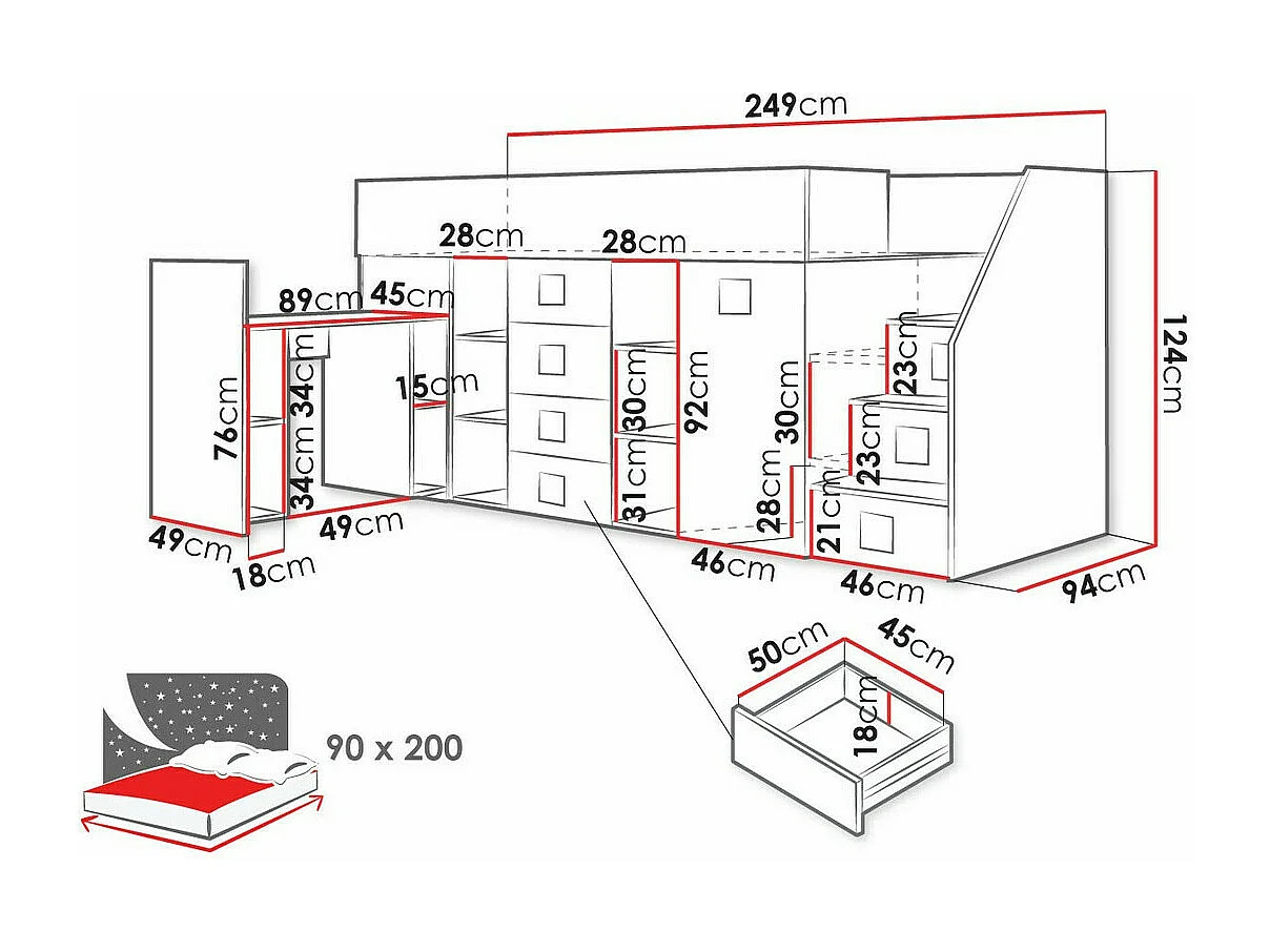 Letto alto Hartford 366, Singolo, Bianco, 90x200, Truciolare laminato, Reti a doghe, 94cm