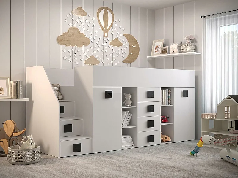 Letto alto Hartford 366, Singolo, Bianco, 90x200, Truciolare laminato, Reti a doghe, 94cm