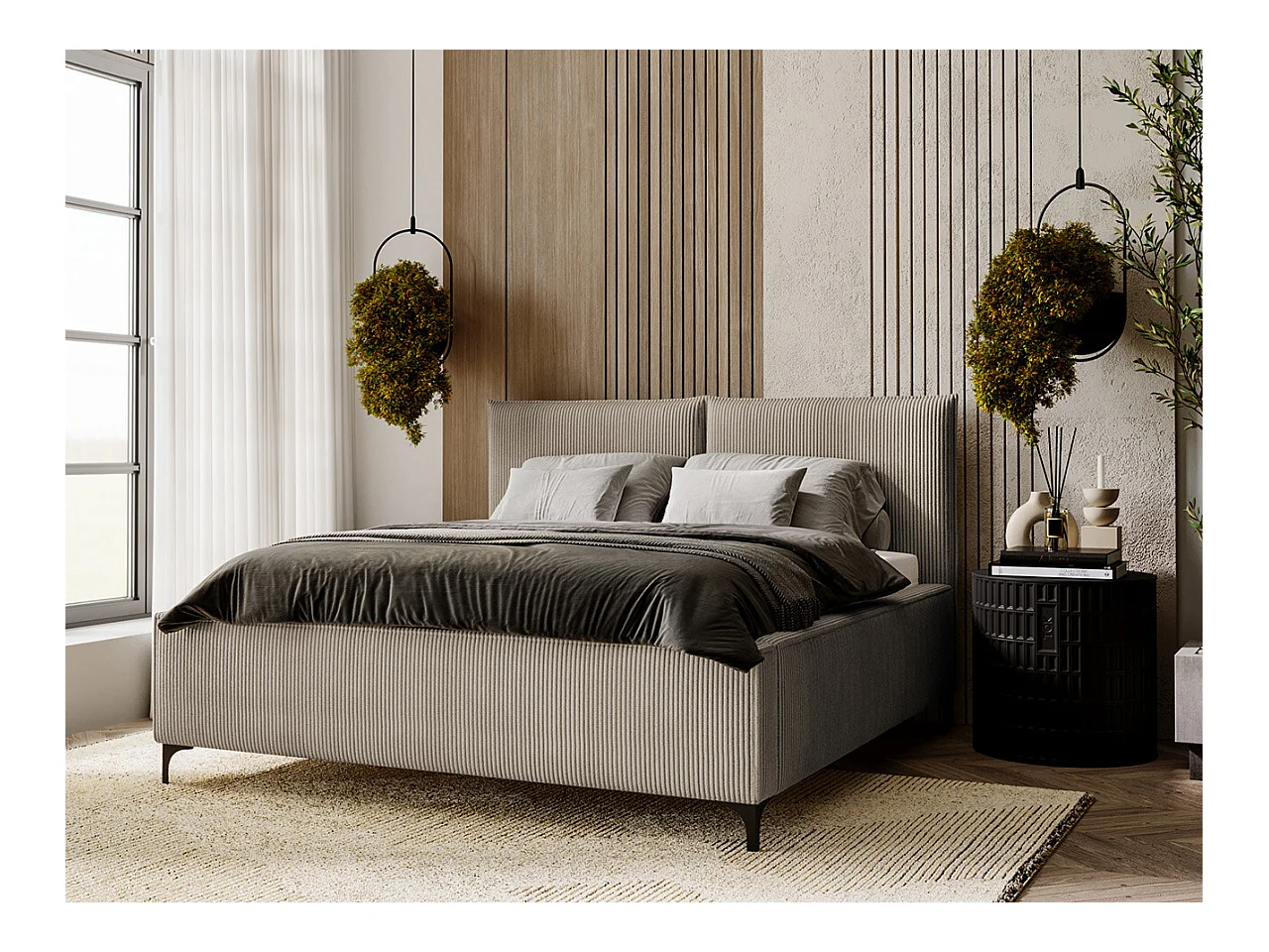 Cama Clovis 113, Doble, De color marrón claro, 140x200, Tapiz, Somieres, 160x214x108cm