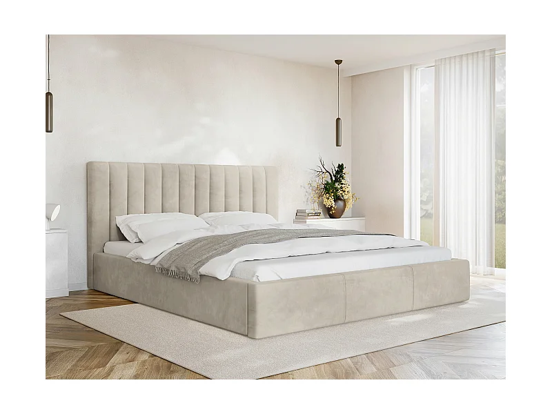 Cama ComfiDream 179, Casal, Castanho claro, Tecido, Estrados de cama