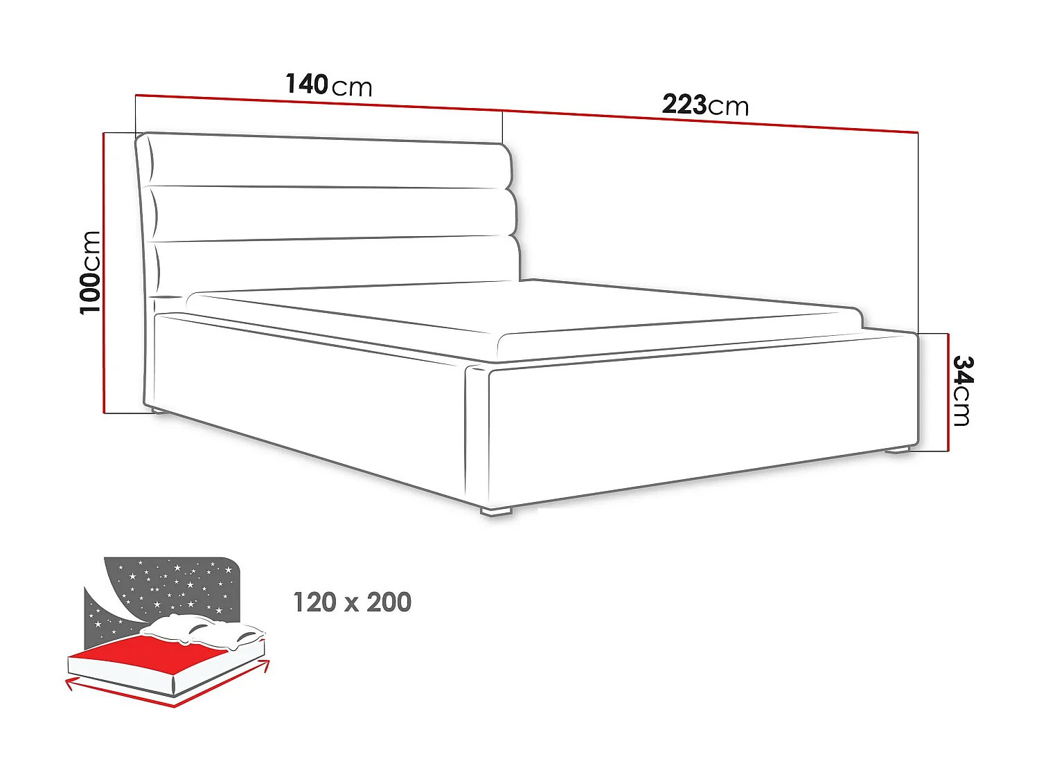 Letto Pomona 108, Singolo, Grigio, 120x200, Arazzo, Con, 140x223x100cm