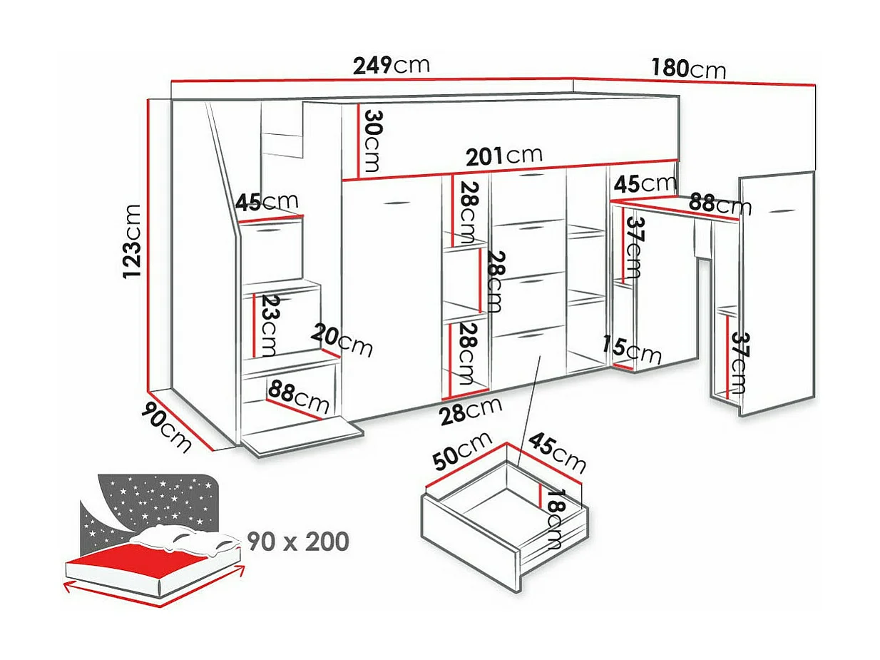 Cama alta Hartford 364, Individual, Cinzento, Estrados de cama