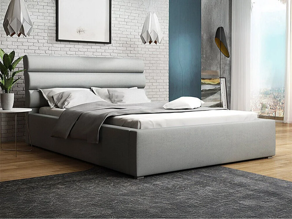 Lit Pomona 110, Double, Gris, 140x200, Tissu, Disponible, 160x223x100cm