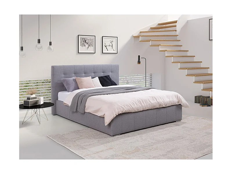 Lit Florence 100, Double, Gris, 180x200, Tapisserie, Sommier à lattes, 198x216x105cm