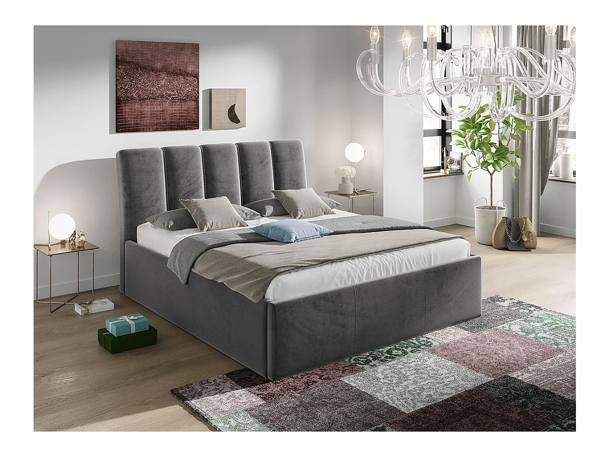 Lit ComfiDream 167, Double, Gris, 180x200, Tapisserie, Sommier à lattes, 192x219x118cm