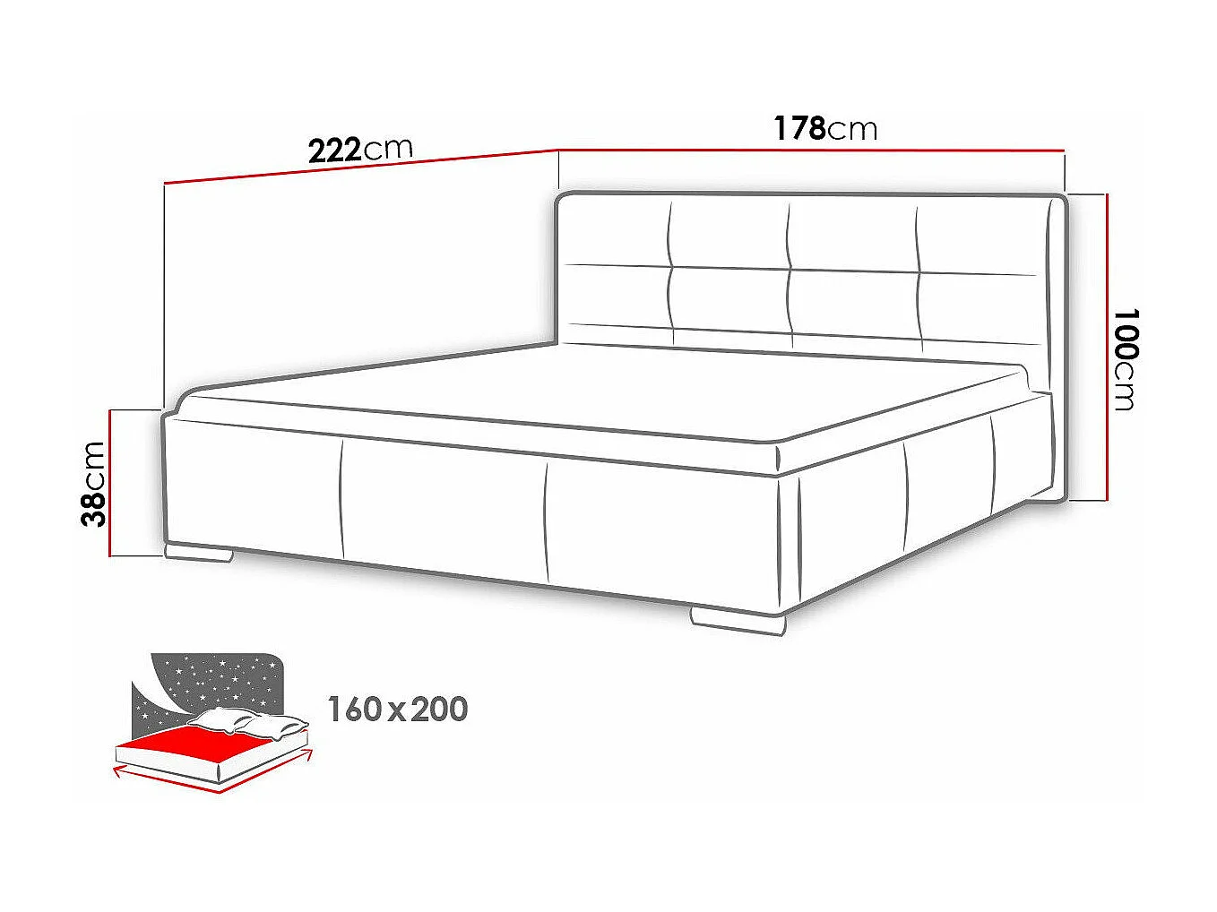 Cama Baltimore 108, Casal, Vermelho, Couro Ecológico, Estrados de cama