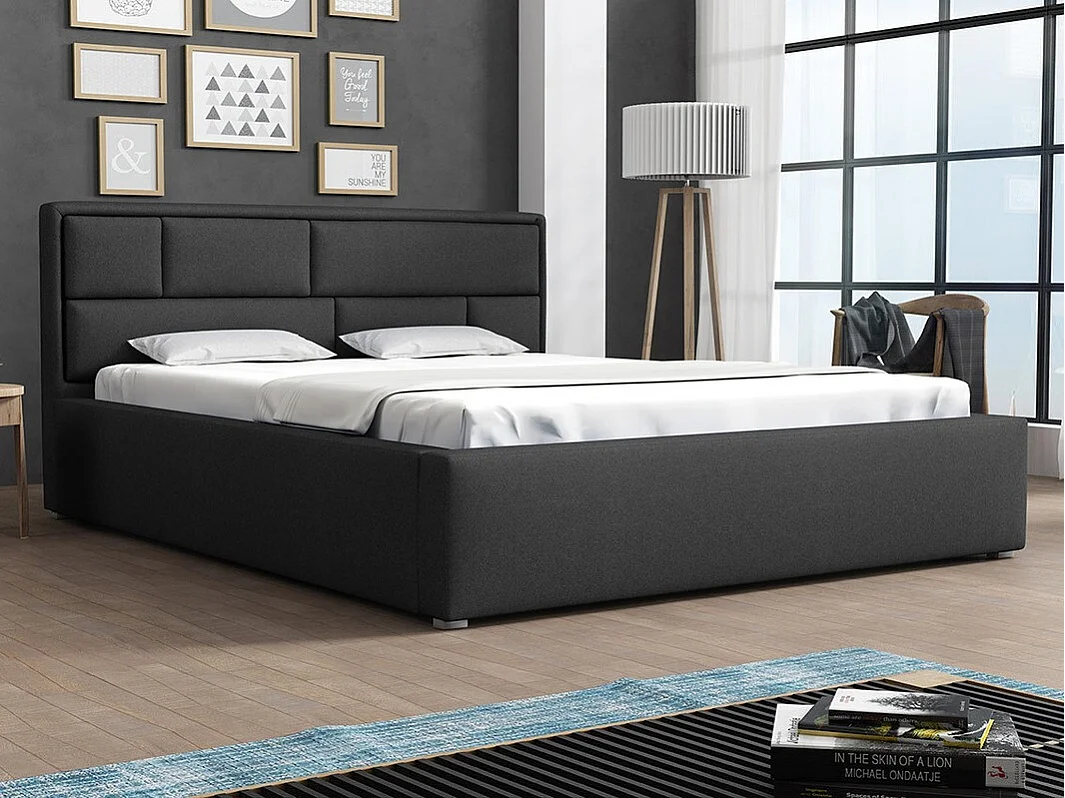 Cama Pomona 105, Doble, Negro, 180x200, Tapiz, Somieres, 200x223x93cm