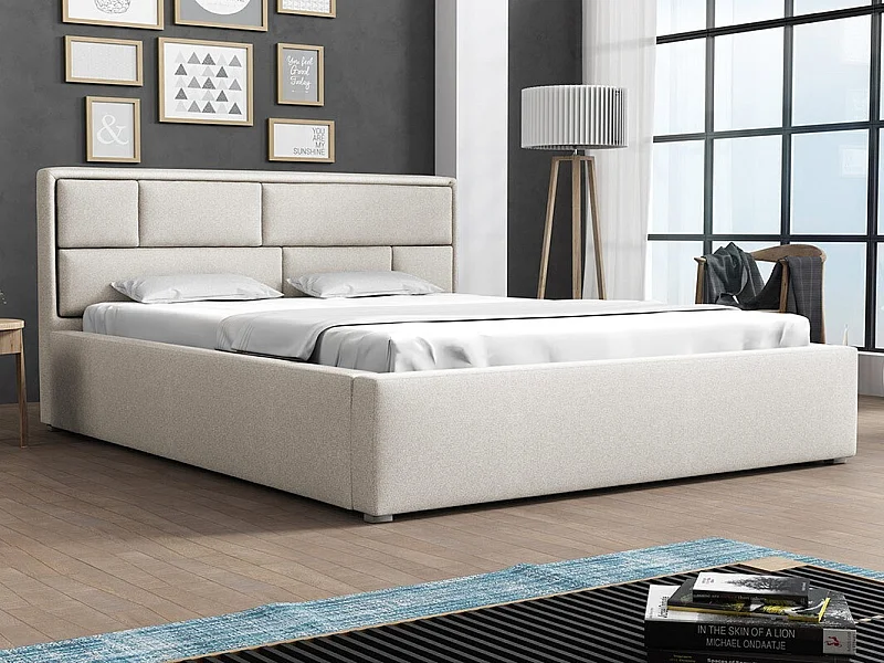 Cama Pomona 105, Doble, De color marrón claro, 200x200, Tapiz, Somieres, 220x223x93cm