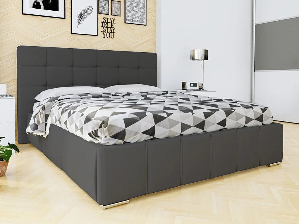 Cama Florence 101, Casal, Cinzento, Eco couro, Estrados de cama