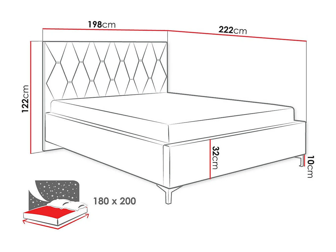Cama Baltimore 192, Doble, Gris, 180x200, Tapiz, Somieres, 198x222x122cm