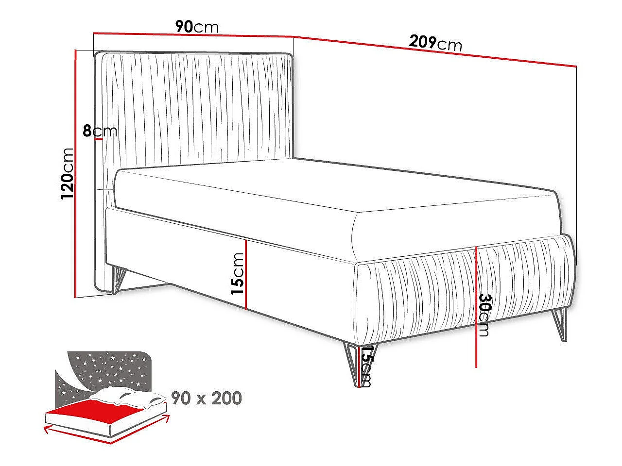 Cama Logan 112, Individuales, Gris oscuro, Tapiz, Somieres, 9x21x12cm